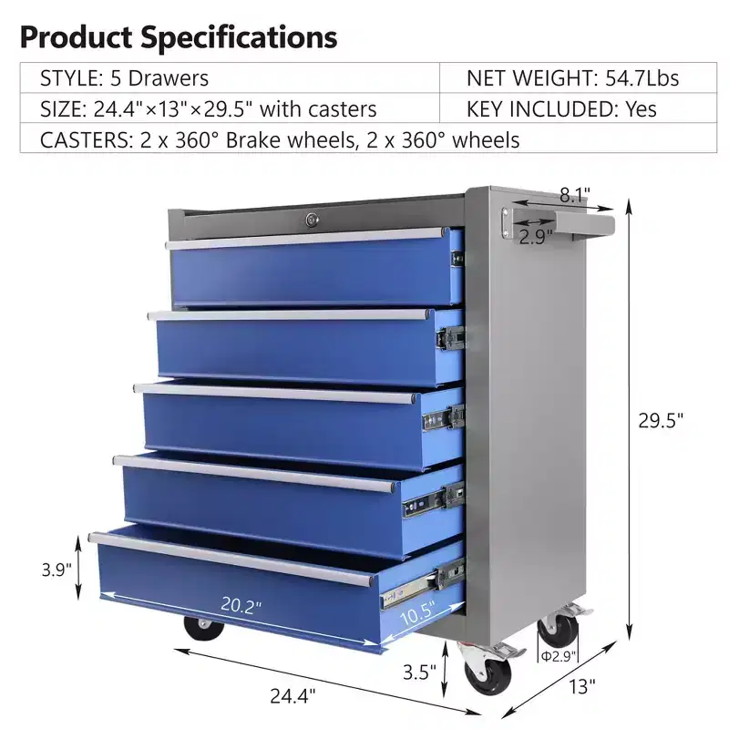 5 Drawer Rolling Tool Chest with Wheels, Steel Portable Tool Storage Cabinet for Garage Workshop Warehouse