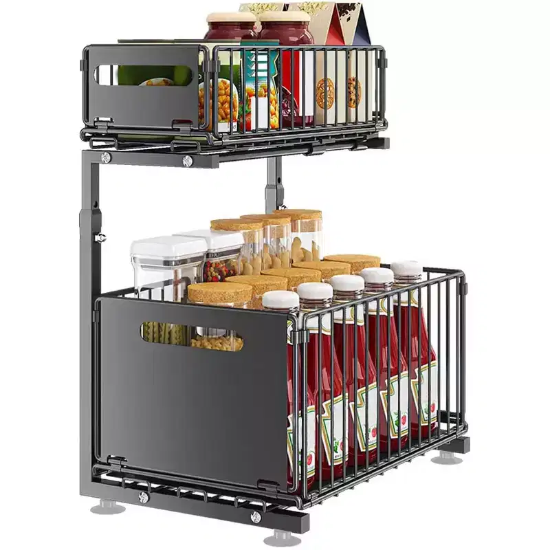 2-Tier Adjustable Under Sink Organizer with Pull-Out Drawers, Height-Adjustable Slide-Out Cabinet