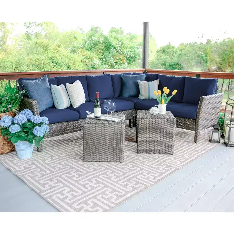 Leisure Made Canton 6pc Wicker Sectional in Navy Fabric