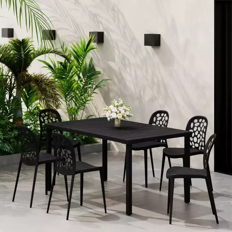 WestinTrends Playa 7-Piece Outdoor Metal Rectangle Patio Dining Table Set With Stackable Patio Dining Side Chairs