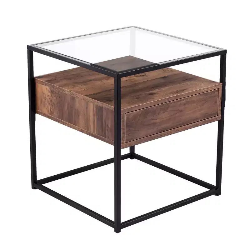 HomeRoots 22 Black Glass And Iron Square End Table With Drawer With Shelf
