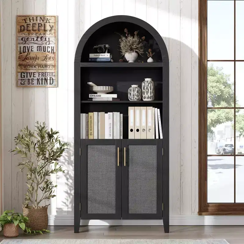 Arched Bookcase with Rattan Doors  5-Tier Modern Storage Shelf for Home/Office/Library