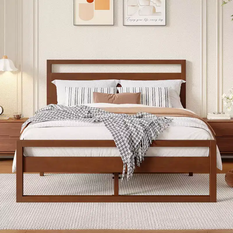 Contemporary Minimalist Platform Bed with Open Headboard and Footboard