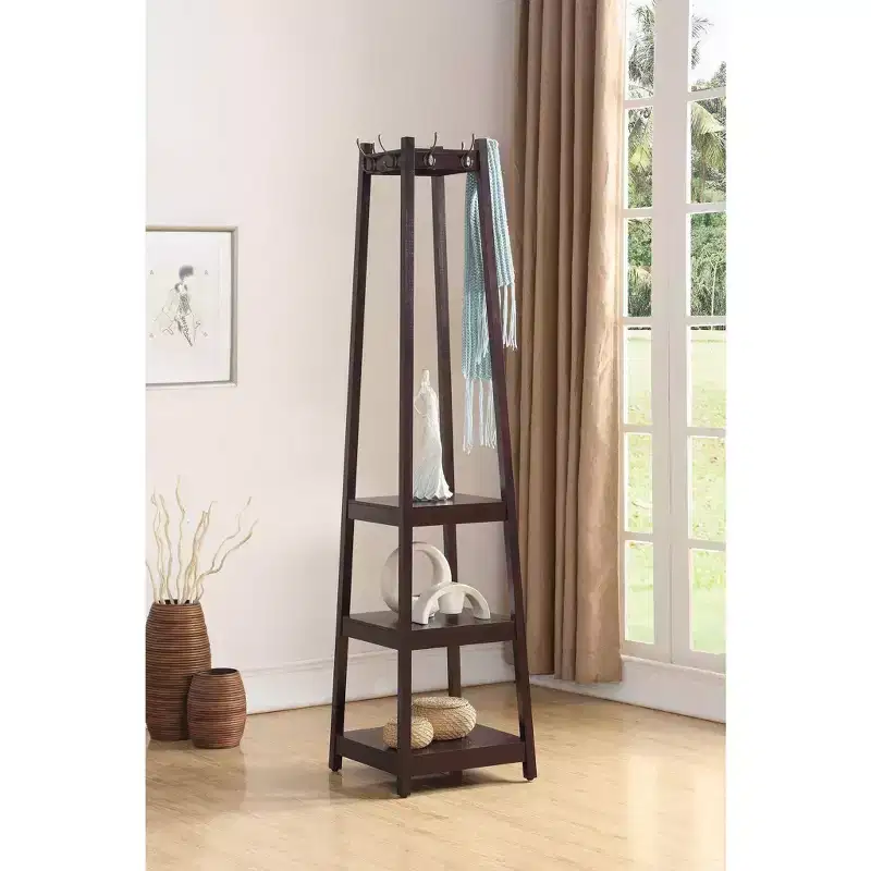 Roundhill Furniture Vassen Coat Rack w/ 3-Tier Storage Shelves - Espresso Finish
