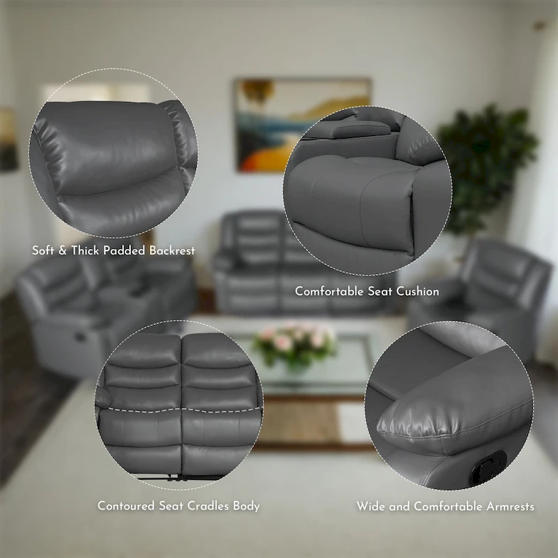 3 Piece Faux Leather Manual Reclining Livingroom Sofa Set with Dropdown Table and Console