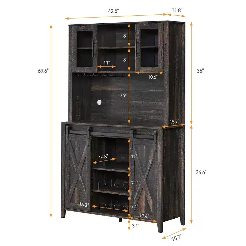 70'' Tall Farmhouse Coffee Bar Cabinet, Wine Bar Cabinet With Sliding Barn Doors, Storage Shelves, Wine Rack, And Hutch For Kitchen Or Dining Room