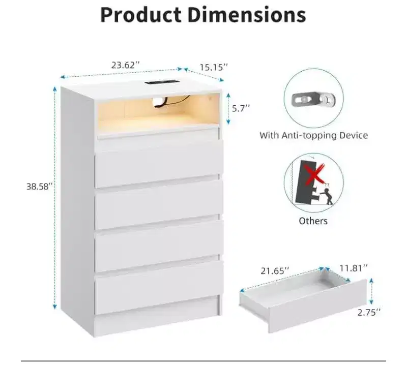 Acekool 4 Drawer Storage Cabinet with LED Light and Charging Station, White Modern Dresser, Utility Storage Cabinet for Bedroom and Living Room
