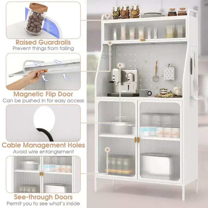 5-Tier Metal Kitchen Baker's Rack with Pegboard, 8 Hooks, Adjustable Shelf, White
