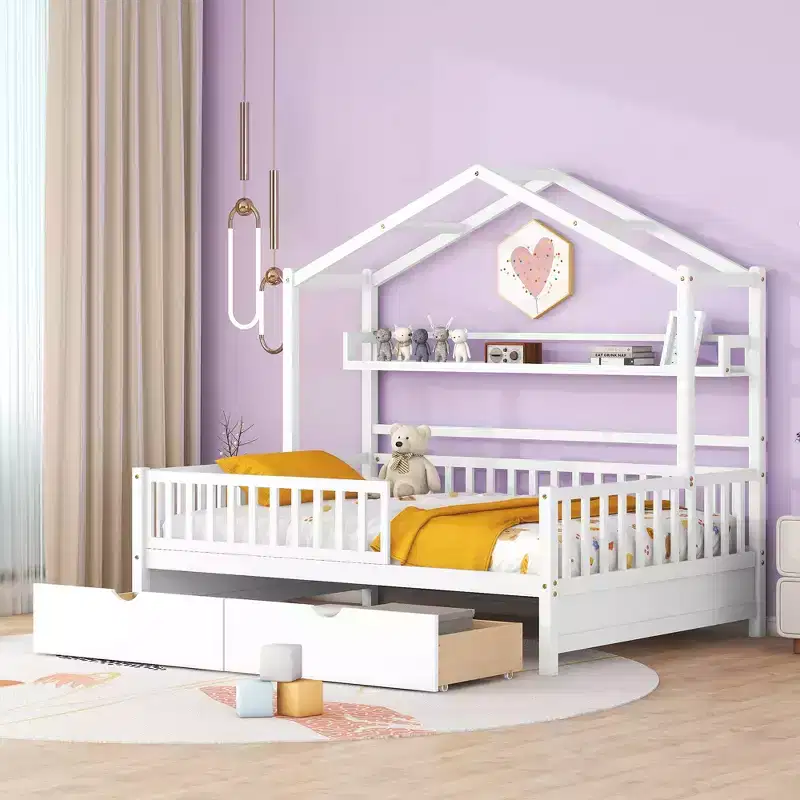 Full Size Kids Platform Bed with Drawers and Storage Shelves, Fence Rails Wood Playhouse Tent Bed Frame for Girls Boys, White