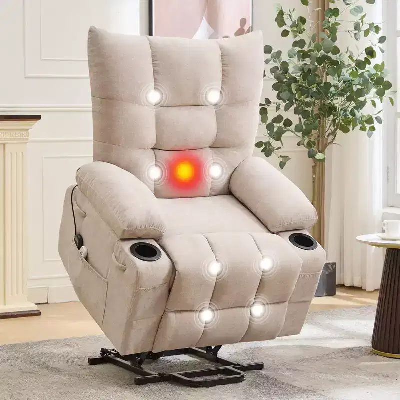 Power Lift Recliner Chair for Elderly with Massage and Heat, Oversized Swivel Rocker Recliner with Soft Padded Upholstery, Side Pocket & Cup Holders