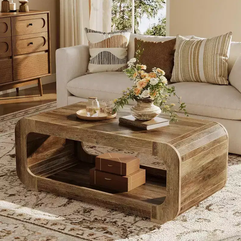 47 Inch Farmhouse Coffee Table, 2-Tier Open Storage, Curved Design, Rustic Brown