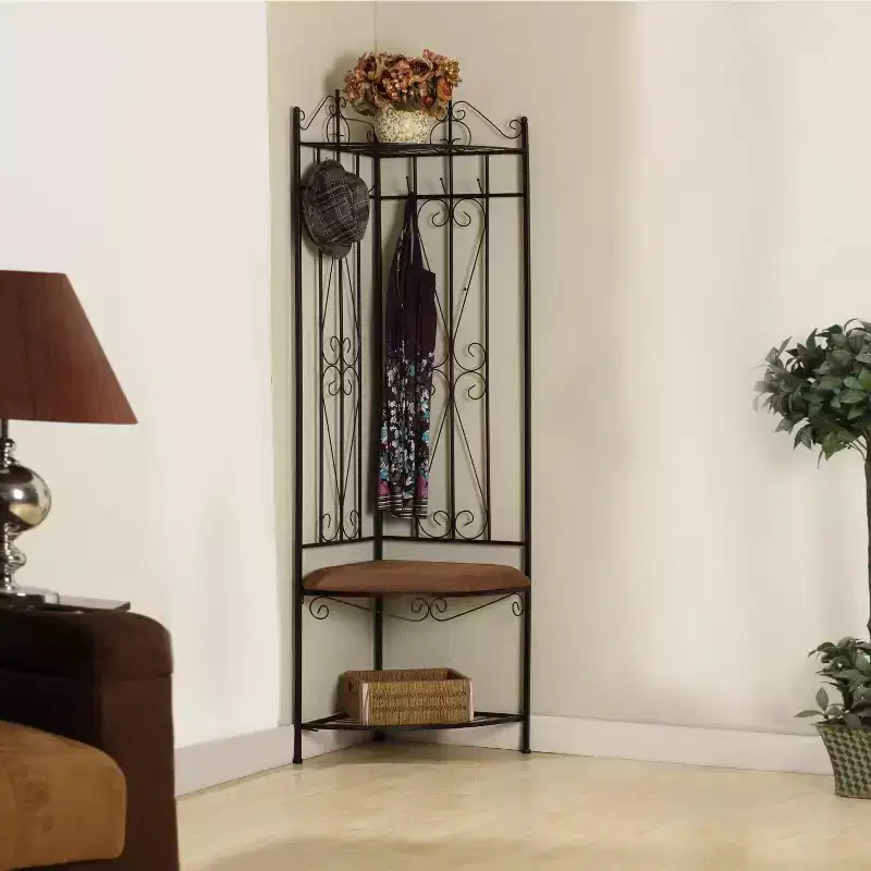 Corner Entryway Hallway Rack with Bench & 6 Hooks, Black