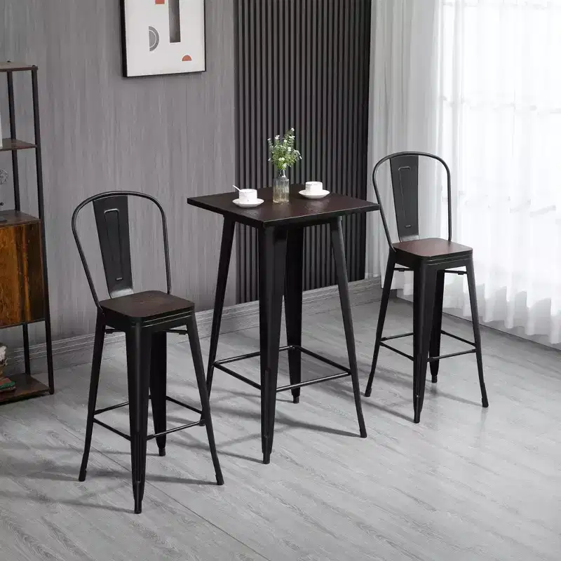 HOMCOM 3 Piece Industrial Dining Table Set, Counter Height Bar Table & Chairs Set with Footrests for Bistro, Pub