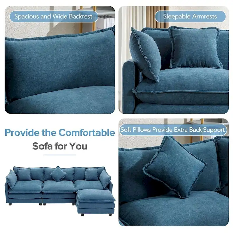 112 Modern L-Shape Chenille Upholstered Sofa with 5 Pillows