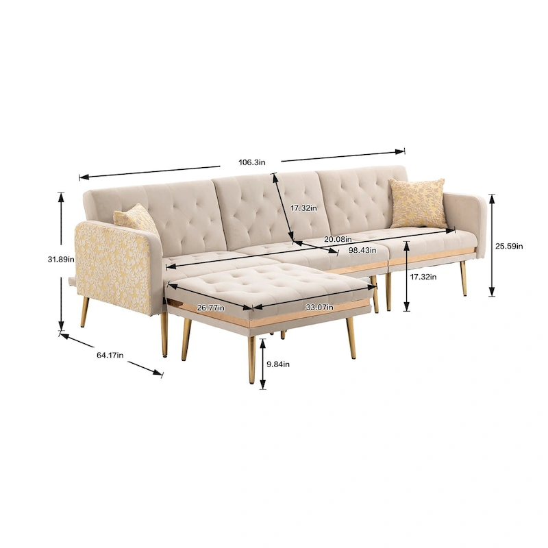 Polyester Upholstered Tufted Sleeper L-Shaped Sectional Sofa With Ottoman
