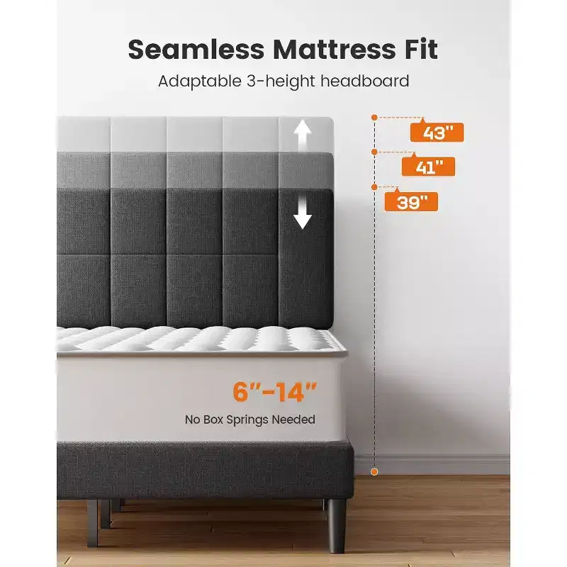 full-size bed frame with 12 thickened legs and fabric cushioned headboard, capable of withstanding 1300 pounds and easy to assemble