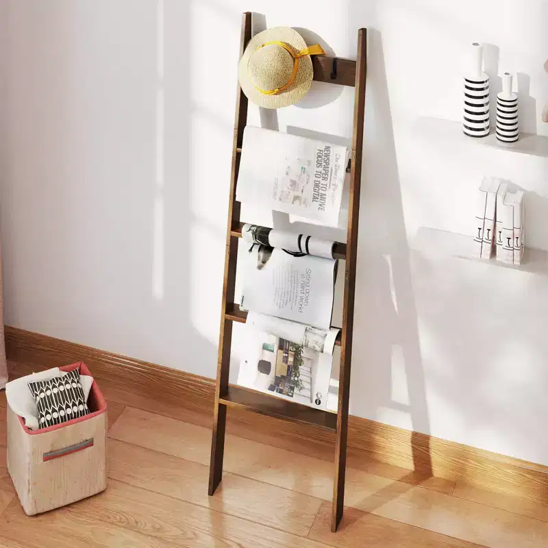 Costway Bamboo Blanket Ladder 5-Tier Ladder Shelf with 4 Removable Hooks Blanket Holder