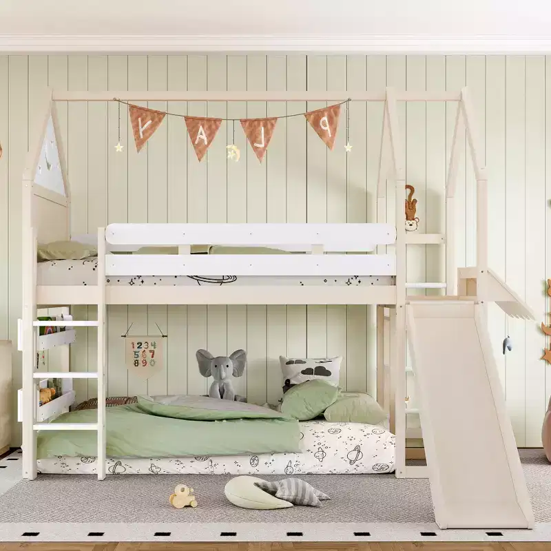 Beige/Black House-Style Loft Bed with Slide & Bookshelf, Twin/Full, for 1