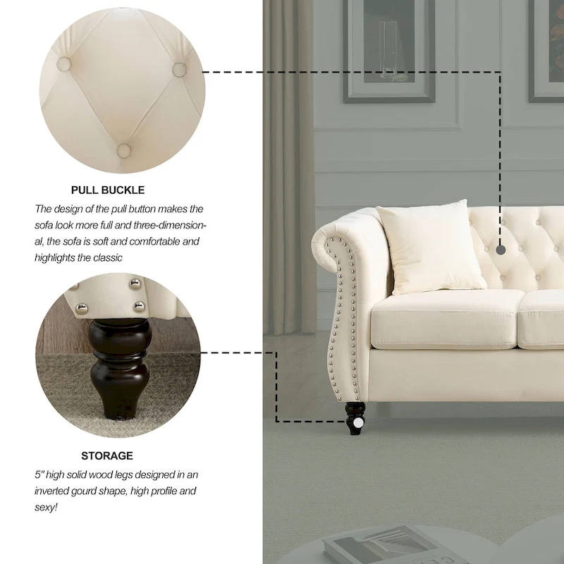 3-Seater Chesterfield Upholstered Tufted Sofa with Rolled Arms and Nailhead
