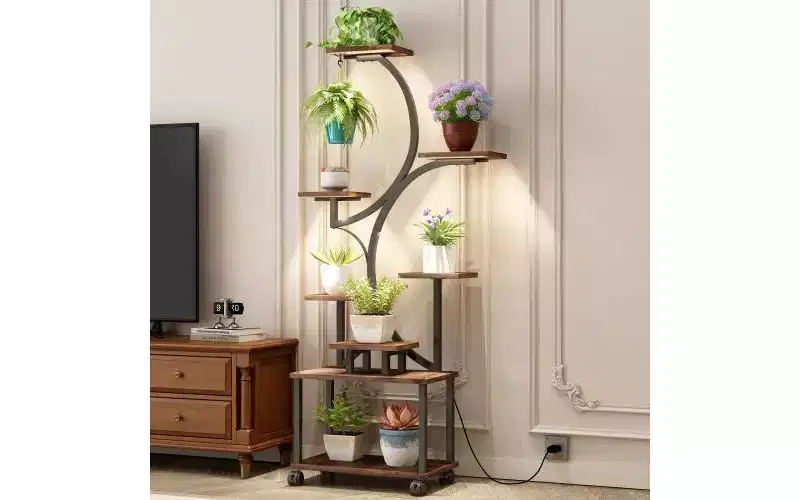 JVNOXK 62 Inch Tall Corner Plant Stand with Lights, for Indoor Plants, 8-Tier Flower Rack, S-Shaped Decorative Shelf for Living Room, Black
