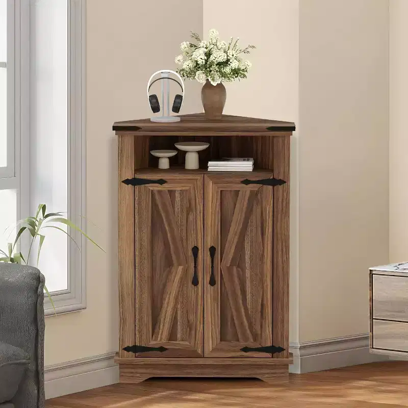 Farmhouse Bathroom Table with Storage Small Corner Cabinet with Barn Doors & Adjustable Shelf for Small Spaces, Kitchen, Living Room