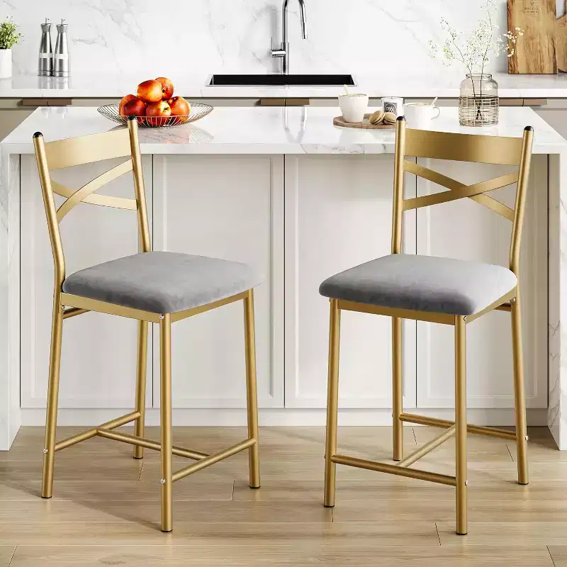 Bar Stools Counter Height Barstools with Footrest and Back, Modern Upholstered Bar Chairs, Metal Bar Stools for Kitchen Counter, Island, Counter Bar