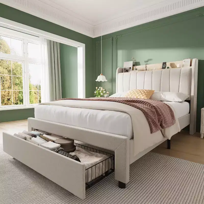 Twin Upholstered Bed Frame with Storage Headboard, Drawer & Charging Station, for Bedroom, No Box Spring Needed