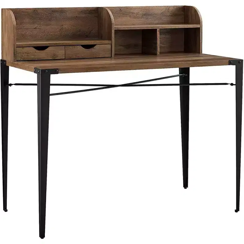 Industrial Secretary Desk with Hutch & Multi-Storage Cubbies, Walnut, 42in