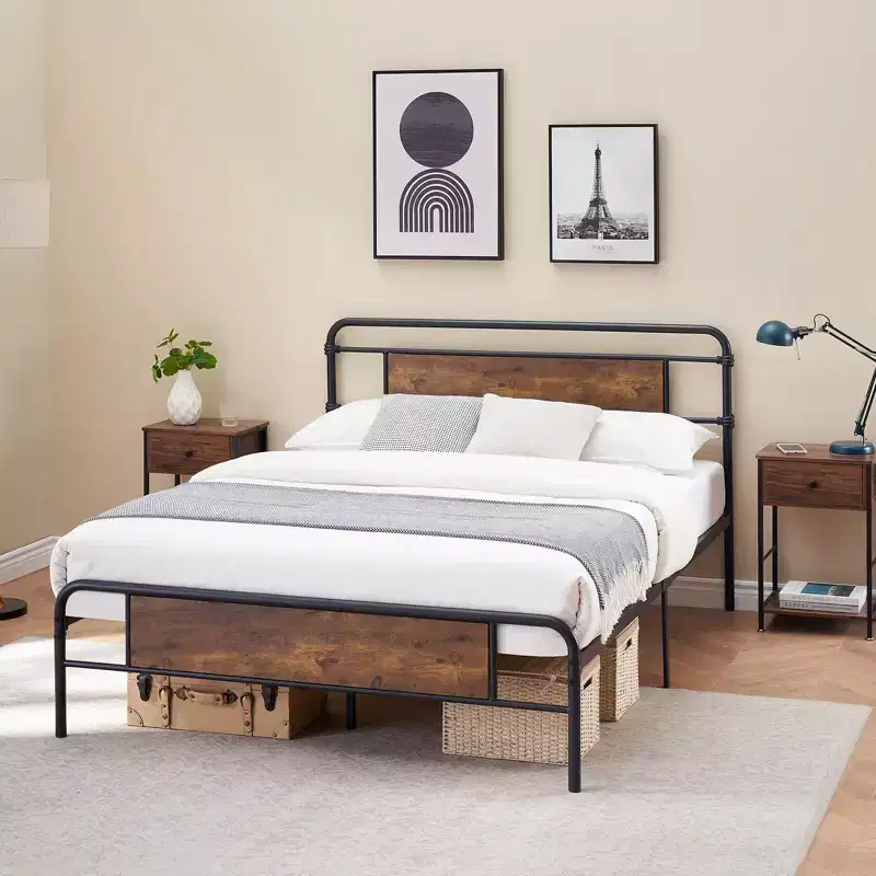 Queen Bed Frame with Headboard, Metal Platform Bed with Steel Slats, No Box Spring Required