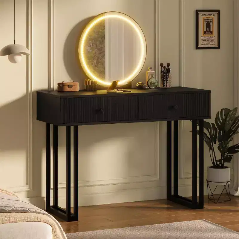 Vanity Desk with Mirror, Makeup Vanity with 2 Drawers, 3 Color LightsAdjustable Brightness
