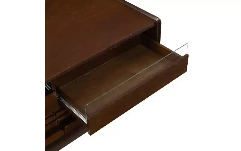 47.2-inch Modern Wooden Rectangular Coffee Table with 4 Drawers and 2 Display Shelves, Tempered Glass Top, Brown