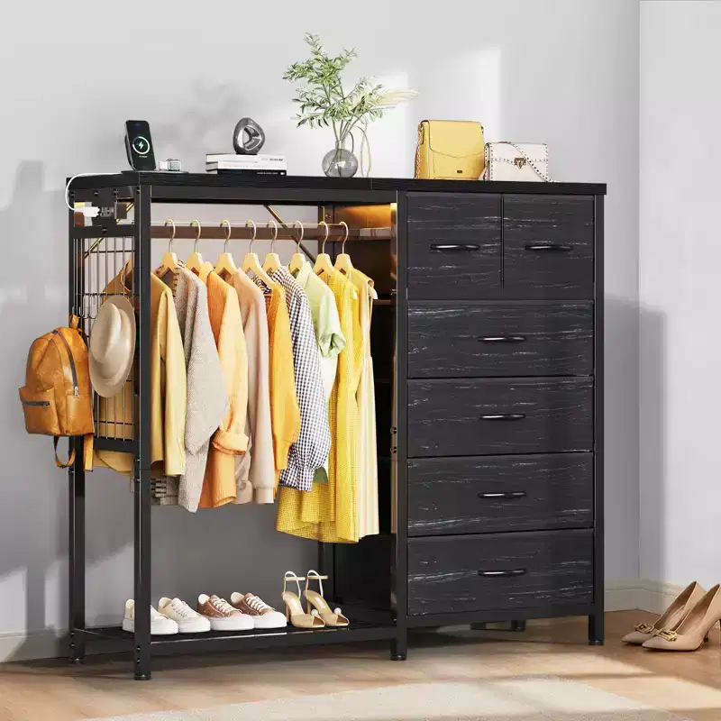 49.2 W Dresser with Hanging Rack & 6 Fabric Drawers for Bedroom, Fabric Dressers & Chest of Drawers with Grid Panel & 4 Hooks, Wooden Top