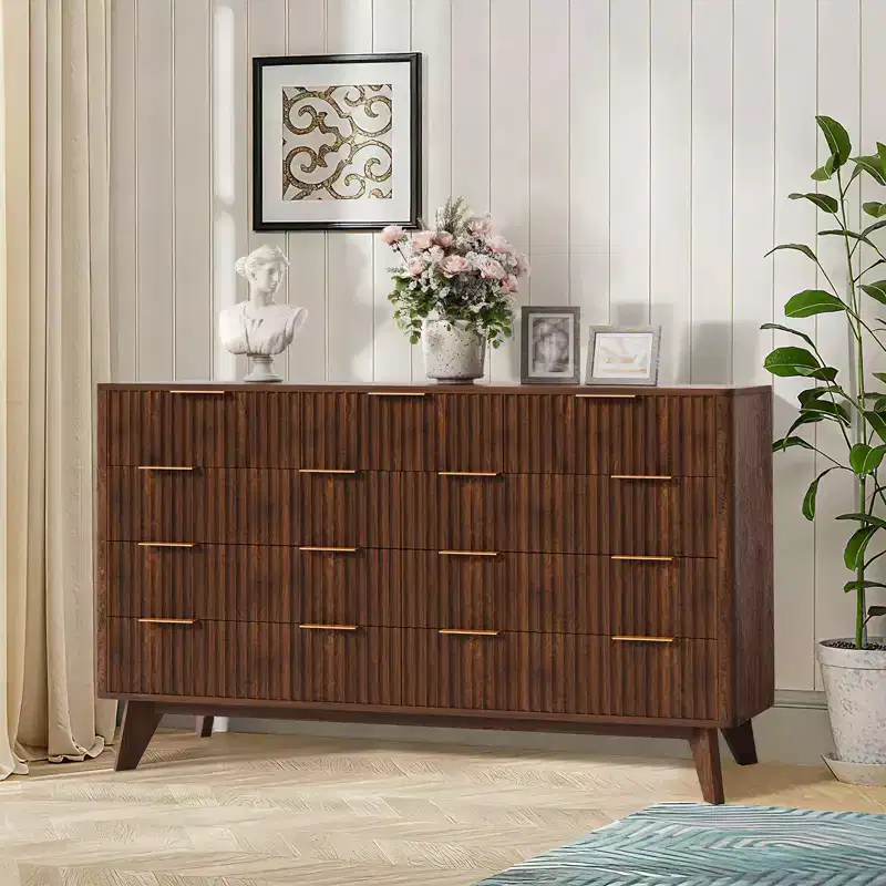 54 Modern Fluted Wave Dresser,9-Drawer Wooden Chest with Metal Handles & Curved Profile, Stylish TV Stand for Bedroom, Living Room, Entryway