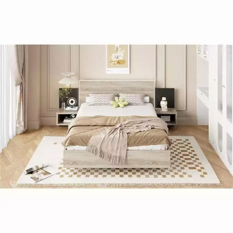 Queen/King Floating Platform Bed Frame with Bedside Nightstand Bed with LED Strong Wood Slats No Springs Required Easy to Assemble