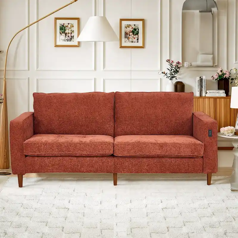 Modern 82 in. Square Arm Chenille Upholstered Rectangle Loveseat Sofa with USB Ports