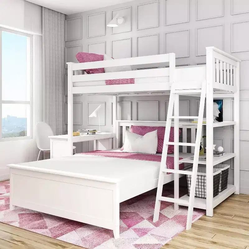 Max & Lily L-Shaped Twin over Full Bunk Bed with Bookcase and Desk