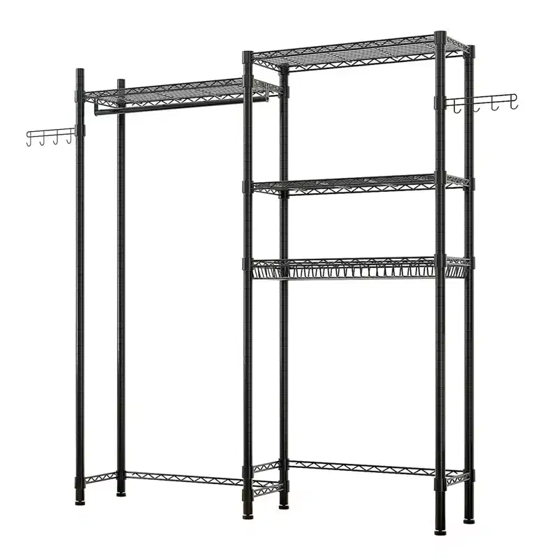 Karl Home Black Iron Open Wardrobe with Double Rows Rails & Mesh Baskets 57.1x13.8x76.8 Inches
