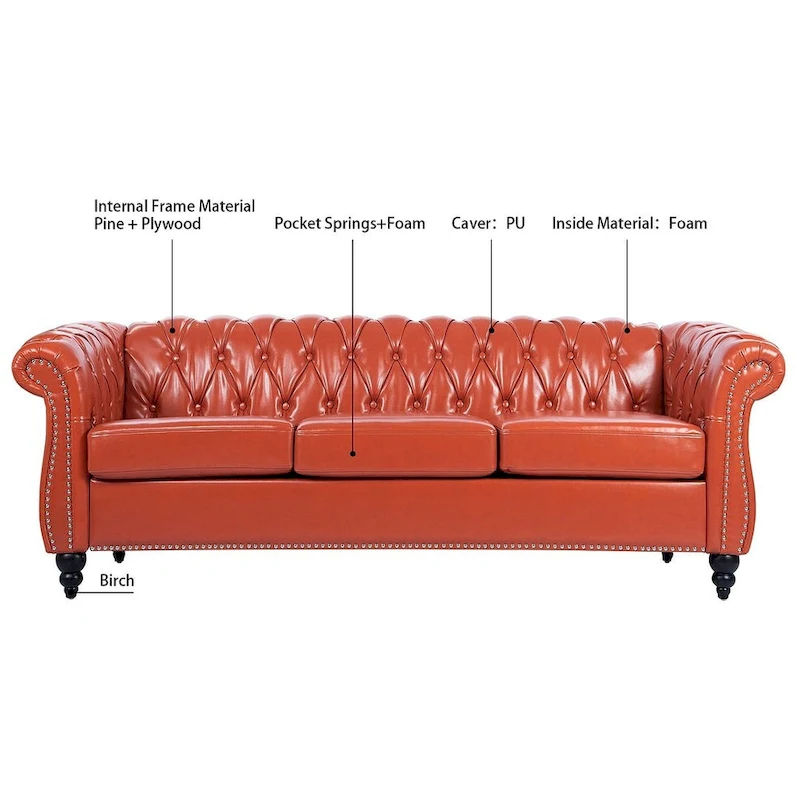 84.65 Chesterfield Tufted Faux Leather Sofa with Rolled Arms