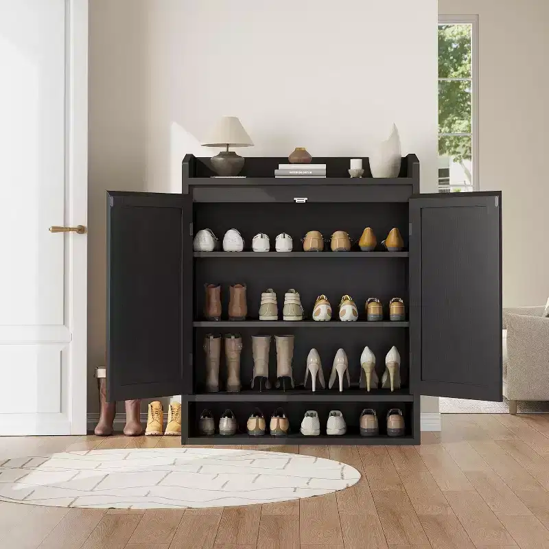 DobleePy 31.5 Natural Rattan Shoe Cabinet with 2 Doors, 5-Tier Wooden Organizer with Adjustable Shelves for Entryway & Living Room
