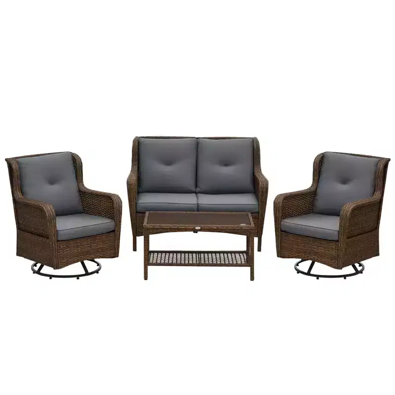 4 Piece Rattan Patio Furniture Set, Conversation Set with Swivel Glider Chairs Table Loveseat for Garden, Patio