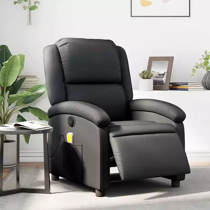 vidaXL Electric Massage Recliner Chair - Black Real Leather Wingback Armchair with Vibration Function for Living Room