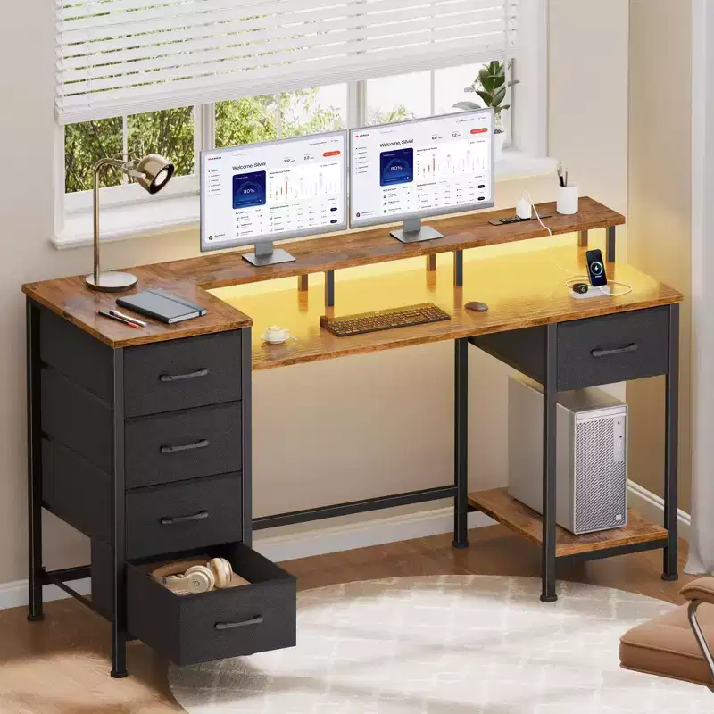 47 Inch Rustic Brown Computer Desk with Charging Station Reversible Gaming Desk LED Lights 5 Fabric Drawers Monitor Stand Home Office Writing Table