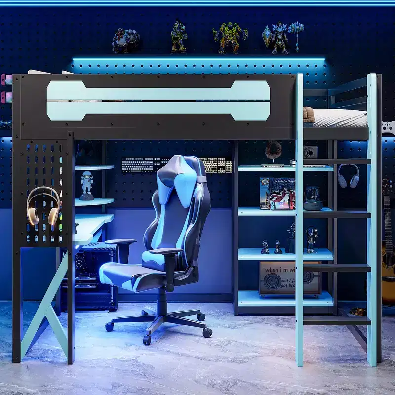 Full Wood Loft Bed Frame with Desk, Shelves, Power Outlet & USB/Type-C Ports