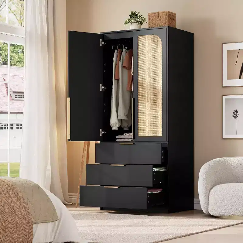 69.5 Armoire Wardrobe Closet with 3 Drawers, Rattan Door, Wooden Storage Cabinet with Hanging Rod, Bedroom Organizer