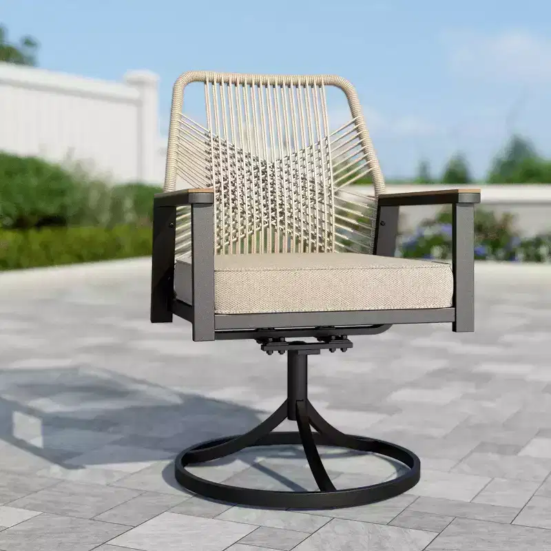 Captiva Designs 9pc Outdoor Slat-top Square Metal Dining Table and Thick Cushion Swivel Wicker Chairs