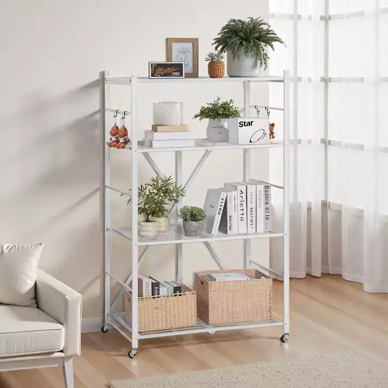 VEVOR 4-Tier Foldable Storage Shelf, 36W x 21D x 60 H Inch Folding Metal Rack Shelving Unit, No Assembly Organizer Shelf with 5 Wheels&4 Hooks,White