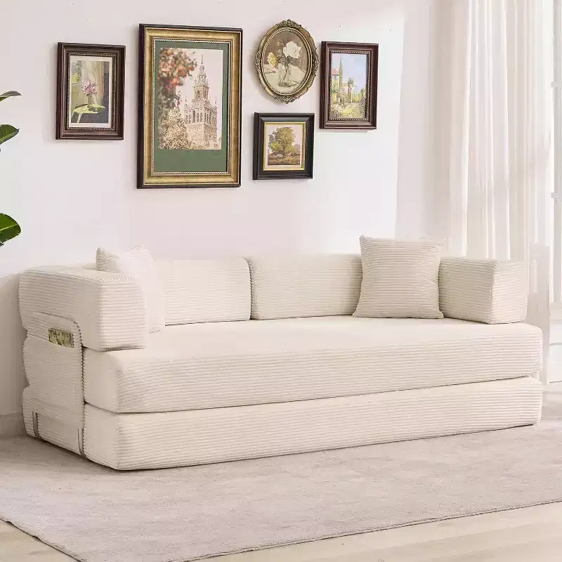 Convertible Sofa Bed, 5-in-1 Folding Sleeper Sofa with Fixed Frame & Removable Armrests, Corduroy Modular Futon sofa for Small Space