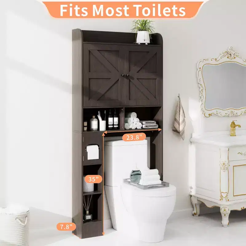 Dyonery 32.3''W Over The Toilet Shelf with Toilet Paper Holder, Bathroom Organizers and Storage Over Toilet with Adjustable Bottom BarWhite/Gray