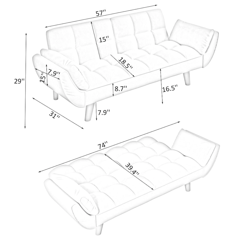 57 Sofa Bed,Polyester Blend Comfy Futon Couch Bed with 2 Square Pillows, Convertible Sleeper Sofa with Adjustable Backrest