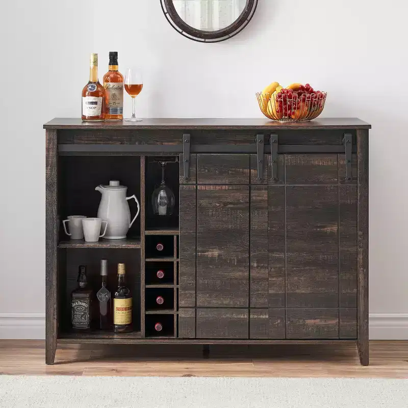 Fire Color Sliding Barn Door Buffet Sideboard with Wine Rack
